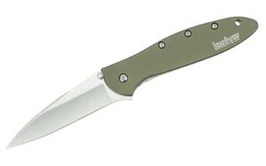 Kershaw Leek, 3″, Assisted Folding Knife, Clip Point Thumb, Plain Edge, 14C28N/Satin, Anodized Aluminum, Thumb Stud/Pocket Clip, Olive 1660OL