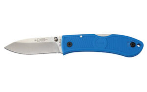 KA-BAR Knives Dozier, Folding Knife, 3″ Blade Length, 7.25″ Overall Length, AUS 8A Stainless Steel, Satin Finish, Silver, Blue Zytel Grip, Plain Edge, Thumb Stud/Reversible Pocket Clip 4062BL