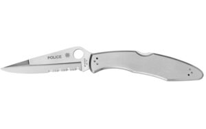 Spyderco Police, 4.125″ Folding Knife, Clip Point, Combo Edge, VG10/Satin, Stainless, Circle Thumb Hole/Pocket Clip C07PS