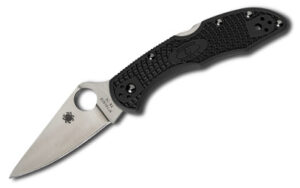 Spyderco Delica4, Lightweight, Folding Knife, 2.875″ Blade, Clip Point, Plain Edge, VG10/Satin Finish, Kraton Handle, Circle Thumb Hole/Pocket Clip C11FPBK