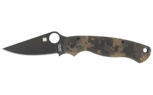 Spyderco Para Military 2, Folding Knife, 3.438″ Blade, Clip Point, Plain Edge, CPM-S45V With Black DLC Finish, Camo G-10 Frame, Circle Thumb Hole/Pocket Clip C81GPCMOBK2