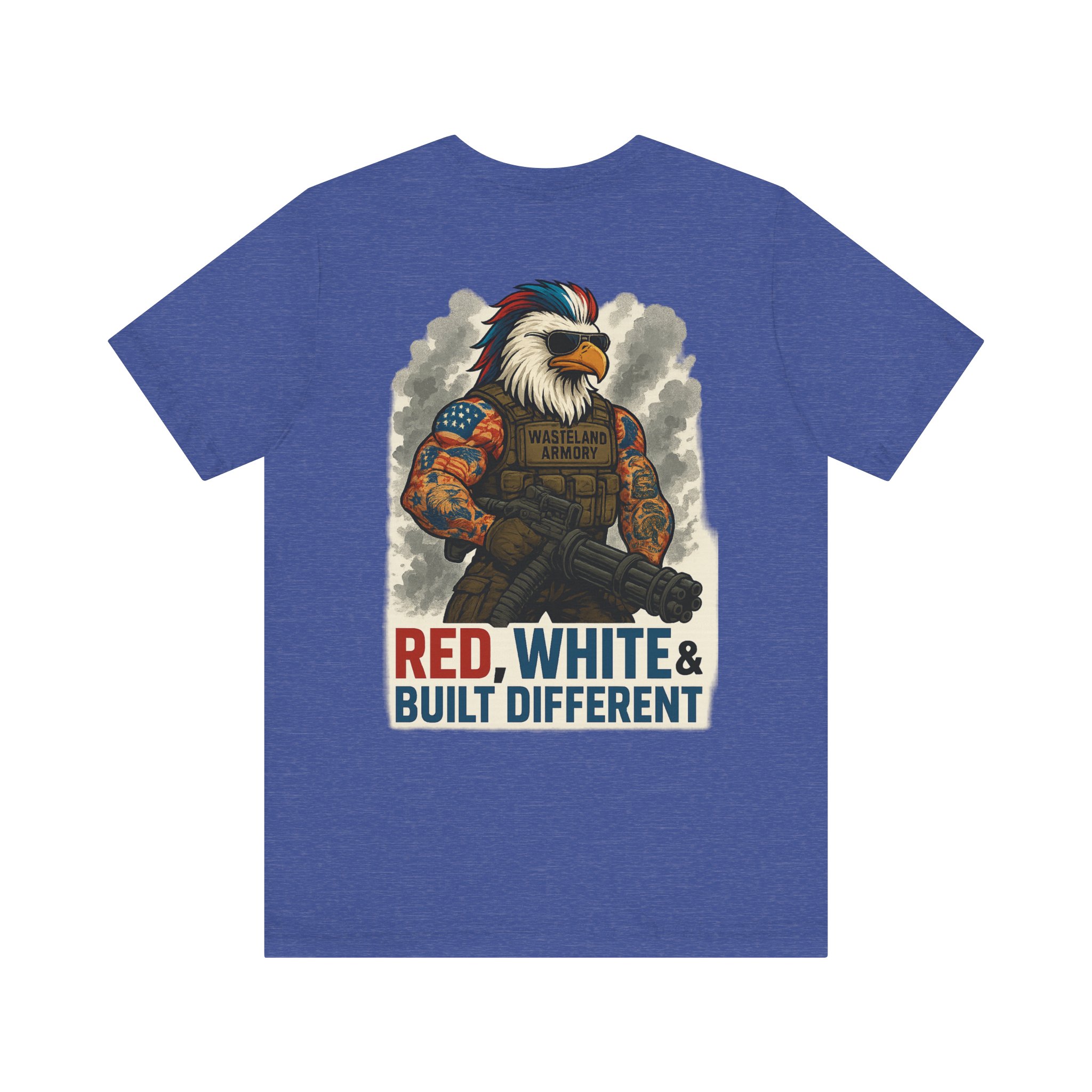 RED WHITE AND BUILT DIFFERENT MR EAGLE WASTELAND ARMORY T-SHIRT